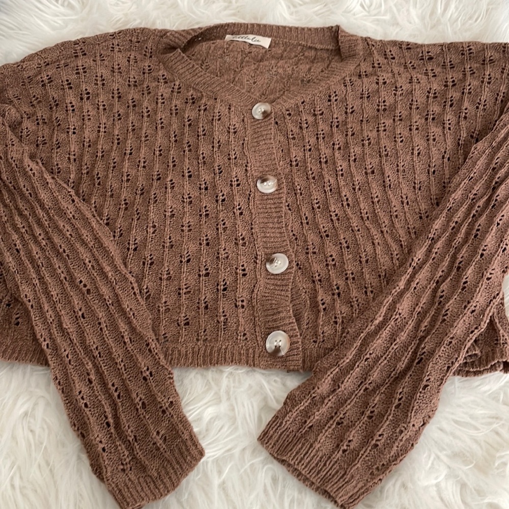 NWOT Cropped Coco Brown Crochet Button Down Cardigan
